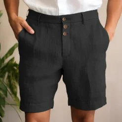 Men's Shorts Linen Shorts Summer Shorts Beach Shorts Buttons Pocket Straight Leg Plain Comfort Breathable Short Casual Daily Holiday Fashion Designer Black White