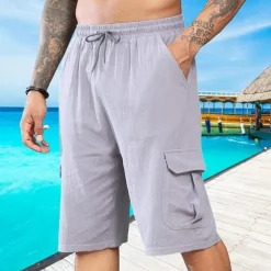Men's Shorts Linen Shorts Summer Shorts Beach Shorts Drawstring Elastic Waist Multi Pocket Plain Comfort Breathable Short Vacation Holiday Beach Hawaiian Boho Black White