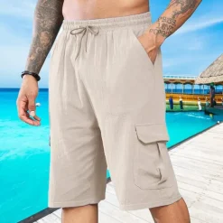 Men's Shorts Linen Shorts Summer Shorts Beach Shorts Drawstring Elastic Waist Multi Pocket Plain Comfort Breathable Short Vacation Holiday Beach Hawaiian Boho Black White