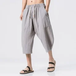 Men's Shorts Linen Shorts Summer Shorts Crop Beach Shorts Drawstring Elastic Waist Straight Leg Plain Comfort Breathable Calf-Length Sports Outdoor Casual Daily Streetwear Classic Style Black Wine