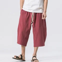 Men's Shorts Linen Shorts Summer Shorts Crop Beach Shorts Drawstring Elastic Waist Straight Leg Plain Comfort Breathable Calf-Length Sports Outdoor Casual Daily Streetwear Classic Style Black Wine