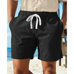 Men's Shorts Linen Shorts Summer Shorts Drawstring Elastic Waist Straight Leg Plain Comfort Breathable Above Knee Casual Daily Holiday Fashion Classic Style Black White