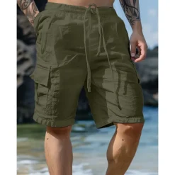 Men's Shorts Linen Shorts Summer Shorts Beach Shorts Drawstring Elastic Waist Multi Pocket Plain Knee Length Outdoor Beach Hawaiian Casual ArmyGreen Black Inelastic