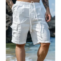 Men's Shorts Linen Shorts Summer Shorts Beach Shorts Drawstring Elastic Waist Multi Pocket Plain Knee Length Outdoor Beach Hawaiian Casual ArmyGreen Black Inelastic