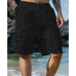 Men's Shorts Linen Shorts Summer Shorts Beach Shorts Drawstring Elastic Waist Multi Pocket Plain Knee Length Outdoor Beach Hawaiian Casual ArmyGreen Black Inelastic