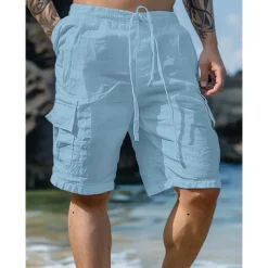 Men's Shorts Linen Shorts Summer Shorts Beach Shorts Drawstring Elastic Waist Multi Pocket Plain Knee Length Outdoor Beach Hawaiian Casual ArmyGreen Black Inelastic