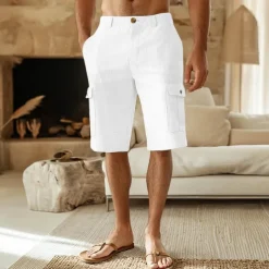 Men's Shorts Linen Shorts Summer Shorts Front Pocket Straight Leg Plain Comfort Breathable Knee Length Party Outdoor Casual Fashion Basic White Khaki