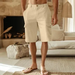 Men's Shorts Linen Shorts Summer Shorts Front Pocket Straight Leg Plain Comfort Breathable Knee Length Party Outdoor Casual Fashion Basic White Khaki
