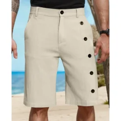 Men's Shorts Linen Shorts Summer Shorts Pocket Side Button Straight Leg Solid Color Comfort Breathable Knee Length Casual Daily Vacation Fashion White Green Inelastic