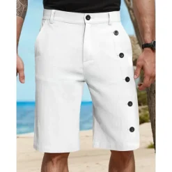Men's Shorts Linen Shorts Summer Shorts Pocket Side Button Straight Leg Solid Color Comfort Breathable Knee Length Casual Daily Vacation Fashion White Green Inelastic