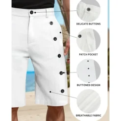 Men's Shorts Linen Shorts Summer Shorts Pocket Side Button Straight Leg Solid Color Comfort Breathable Knee Length Casual Daily Vacation Fashion White Green Inelastic