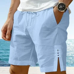 Men's Shorts Linen Shorts Summer Shorts Button Split Front Pocket Plain Comfort Breathable Knee Length Party Outdoor Casual Fashion Basic White Navy Blue