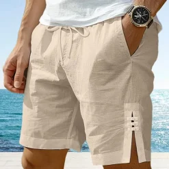 Men's Shorts Linen Shorts Summer Shorts Button Split Front Pocket Plain Comfort Breathable Knee Length Party Outdoor Casual Fashion Basic White Navy Blue