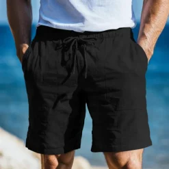 Men's Shorts Linen Shorts Summer Shorts Pocket Drawstring Elastic Waist Plain Comfort Breathable Short Casual Daily Holiday Fashion Classic Style Light Khaki Black