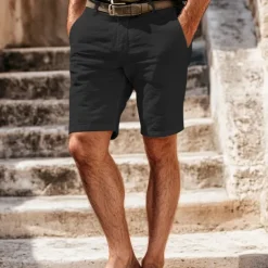 Men's Shorts Linen Shorts Dress Shorts Summer Shorts Zipper Buttons Pocket Plain Comfort Breathable Outdoor Daily Going out Fashion Casual Black White