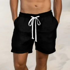 Men's Shorts Linen Shorts Summer Shorts Drawstring Elastic Waist Straight Leg Plain Comfort Breathable Above Knee Casual Daily Holiday Fashion Classic Style Black White
