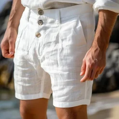 Men's Shorts Linen Shorts Summer Shorts Beach Shorts Buttons Pocket Straight Leg Plain Comfort Breathable Knee Length Daily Holiday Beach Fashion Streetwear Black White Inelastic