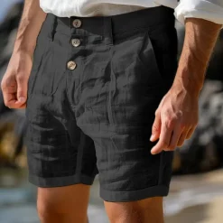 Men's Shorts Linen Shorts Summer Shorts Beach Shorts Buttons Pocket Straight Leg Plain Comfort Breathable Knee Length Daily Holiday Beach Fashion Streetwear Black White Inelastic