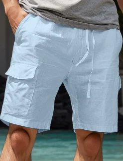 Men's Shorts Linen Shorts Summer Shorts Front Pocket Straight Leg Cargo Pocket Plain Comfort Breathable Knee Length Party Outdoor Casual Fashion Basic White Navy Blue