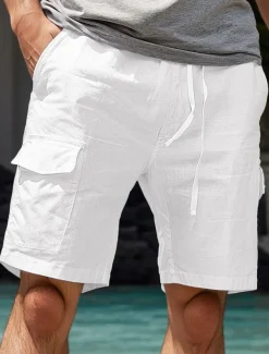 Men's Shorts Linen Shorts Summer Shorts Front Pocket Straight Leg Cargo Pocket Plain Comfort Breathable Knee Length Party Outdoor Casual Fashion Basic White Navy Blue