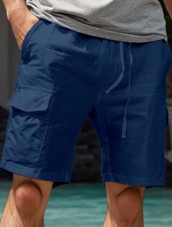 Men's Shorts Linen Shorts Summer Shorts Front Pocket Straight Leg Cargo Pocket Plain Comfort Breathable Knee Length Party Outdoor Casual Fashion Basic White Navy Blue