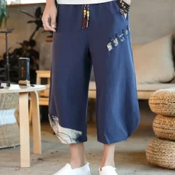 Men's Shorts Summer Shorts Bloomers Capri Pants Drawstring Elastic Waist Side Button Patchwork Comfort Breathable Calf-Length Casual Daily Holiday Fashion Ethnic Style Black White
