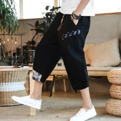 Men's Shorts Summer Shorts Bloomers Capri Pants Drawstring Elastic Waist Side Button Patchwork Comfort Breathable Calf-Length Casual Daily Holiday Fashion Ethnic Style Black White