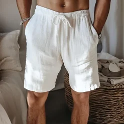 Men's Shorts Summer Shorts Beach Shorts Drawstring Elastic Waist Straight Leg Plain Comfort Breathable Short Home Casual Daily Simple Classic Style Black White Micro-elastic