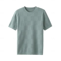 Men's Silk Linen Cotton T Shirt Checkerboard Crew Neck School Training Short Sleeve Crewneck Knitting Clothing Apparel Knitwear Vacation Vintage Neutral