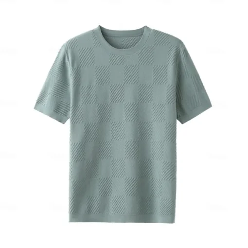 Men's Silk Linen Cotton T Shirt Checkerboard Crew Neck School Training Short Sleeve Crewneck Knitting Clothing Apparel Knitwear Vacation Vintage Neutral