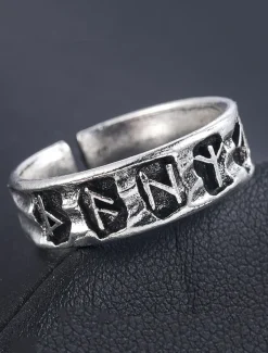 Men's Silver-Tone Adjustable Ring with Engraved Symbols, Vintage-Style Statement Jewelry for Casual and Gothic Fashion