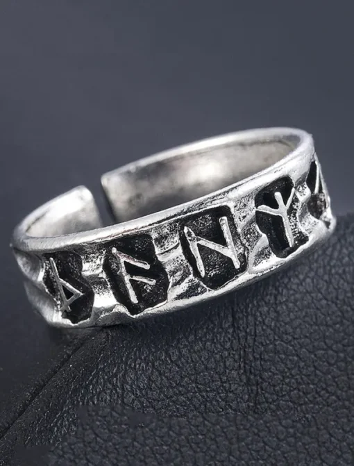 Men's Silver-Tone Adjustable Ring with Engraved Symbols, Vintage-Style Statement Jewelry for Casual and Gothic Fashion