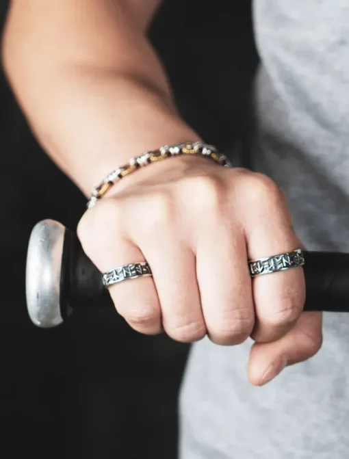 Men's Silver-Tone Adjustable Ring with Engraved Symbols, Vintage-Style Statement Jewelry for Casual and Gothic Fashion