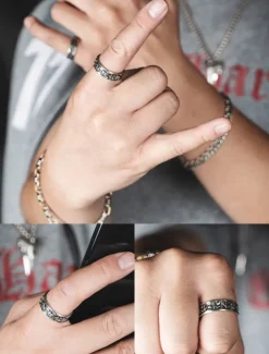 Men's Silver-Tone Adjustable Ring with Engraved Symbols, Vintage-Style Statement Jewelry for Casual and Gothic Fashion