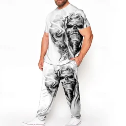 Men's Skull 3D Print Graphic Prints 2pcs Tees sets Matching Sets Short Sleeve Long pants Crew Neck Fashion Streetwear Casual Outdoor Daily Sports 3D Print Spring & Summer White Blue Brown