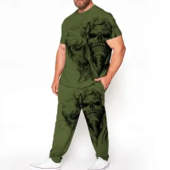 Men's Skull 3D Print Graphic Prints 2pcs Tees sets Matching Sets Short Sleeve Long pants Crew Neck Fashion Streetwear Casual Outdoor Daily Sports 3D Print Spring & Summer White Blue Brown