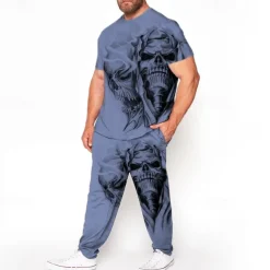 Men's Skull 3D Print Graphic Prints 2pcs Tees sets Matching Sets Short Sleeve Long pants Crew Neck Fashion Streetwear Casual Outdoor Daily Sports 3D Print Spring & Summer White Blue Brown