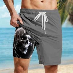 Men's Skull Dark Gothic Lined Shorts 2 in 1 Board Shorts Swim Shorts Mid Waist Hawaiian Retro Vintage Holiday Beach Wear Side Pockets With Compression Liner Elastic Drawstring Waist Designer Clothing