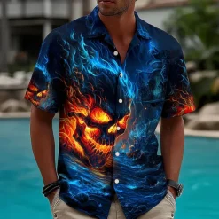 Men's Skull Flame Halloween Costumes Shirt Cuban Collar Shirt Button Up Shirt Short Sleeve Dark Punk Gothic Style Holiday Streetwear Summer Camp Collar Shirt 3D Print Blue 2# Blue 1# Dark Blue