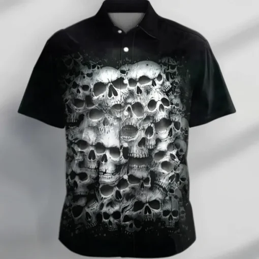 Men's Skull Halloween Costumes Shirt Button Up Shirt Short Sleeve Casual Dark Vacation Daily Evening Party Summer Turndown Collared Shirts Buttons Print Black Gray