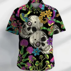 Men's Skull Halloween Costumes Button Up Shirt Short Sleeve Casual Dark Vacation Party Evening Wear Daily Summer Collared Shirts Button Up 3D Print Black