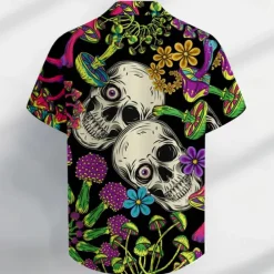 Men's Skull Halloween Costumes Button Up Shirt Short Sleeve Casual Dark Vacation Party Evening Wear Daily Summer Collared Shirts Button Up 3D Print Black