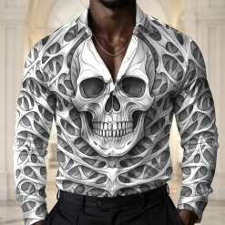 Men's Skull Halloween Costumes Shirt Satin Shirt Dress Shirt Long Sleeve Dark Gothic Style Holiday Summer Spring Fall Turndown 3D Print Button Up Shirts Blue Green Khaki Gray