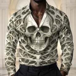 Men's Skull Halloween Costumes Shirt Satin Shirt Dress Shirt Long Sleeve Dark Gothic Style Holiday Summer Spring Fall Turndown 3D Print Button Up Shirts Blue Green Khaki Gray
