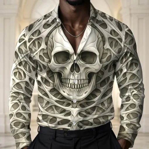 Men's Skull Halloween Costumes Shirt Satin Shirt Dress Shirt Long Sleeve Dark Gothic Style Holiday Summer Spring Fall Turndown 3D Print Button Up Shirts Blue Green Khaki Gray