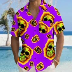 Men's Skull Halloween Costumes Beach Shirt Summer Hawaiian Shirt Button Up Shirt Short Sleeves Shirt Collared Shirts Hawaiian Vacation Daily Red Fuchsia Green S M L