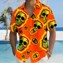 Men's Skull Halloween Costumes Beach Shirt Summer Hawaiian Shirt Button Up Shirt Short Sleeves Shirt Collared Shirts Hawaiian Vacation Daily Red Fuchsia Green S M L