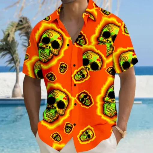 Men's Skull Halloween Costumes Beach Shirt Summer Hawaiian Shirt Button Up Shirt Short Sleeves Shirt Collared Shirts Hawaiian Vacation Daily Red Fuchsia Green S M L