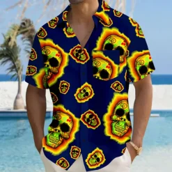 Men's Skull Halloween Costumes Beach Shirt Summer Hawaiian Shirt Button Up Shirt Short Sleeves Shirt Collared Shirts Hawaiian Vacation Daily Red Fuchsia Green S M L