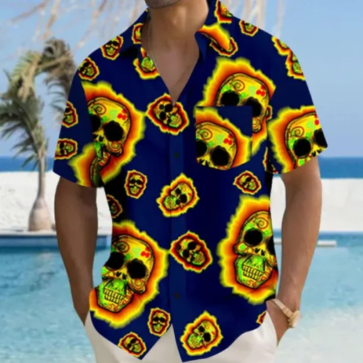 Men's Skull Halloween Costumes Beach Shirt Summer Hawaiian Shirt Button Up Shirt Short Sleeves Shirt Collared Shirts Hawaiian Vacation Daily Red Fuchsia Green S M L